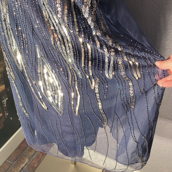 ANGIE - NWT - dress: grey lined mini, mesh overlay & beads / sequins, straps - L - Picture 11 of 16